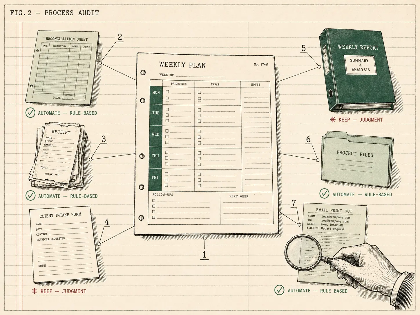 Illustration in vintage technical-manual style: a weekly plan sheet exploded into its component tasks, each examined and tagged either automate rule-based or keep judgment, with a hand holding a magnifying loupe.
